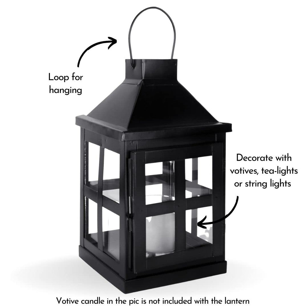 Behoma Vintage Style Metal & Clear Glass Lantern, 9.4 inch Matte Black Tea Light Candle Holder for Diwali Décor, Table-top and Wall-Hanging Indoor and Outdoor (Candle/Lights NOT Included)