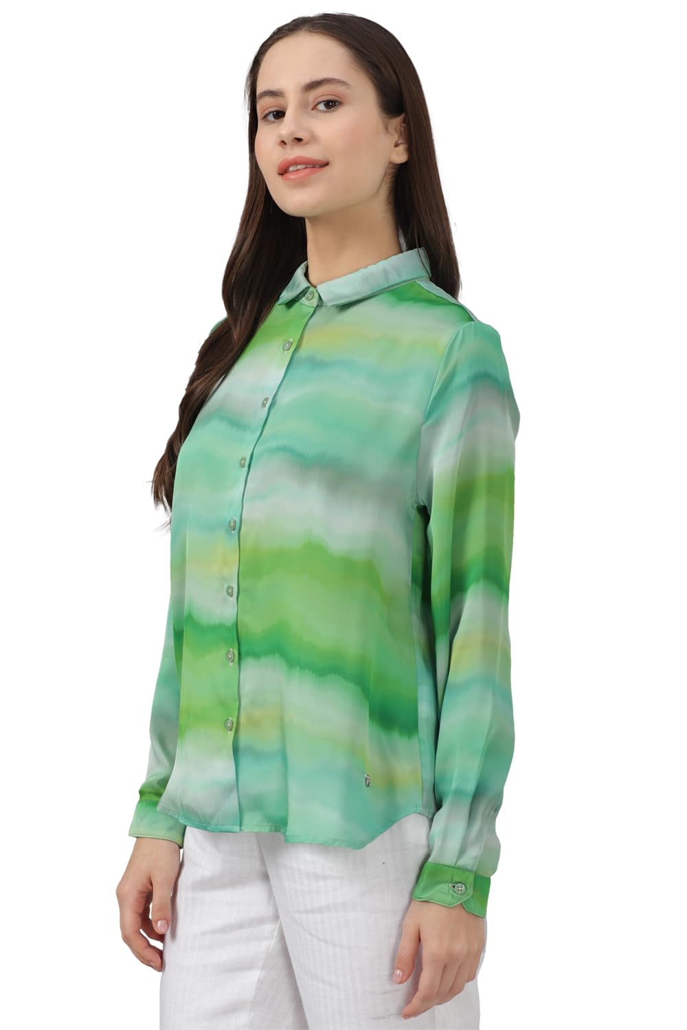 Allen Solly Women's Polyester Green Printed Long Sleeve Casual Shirt