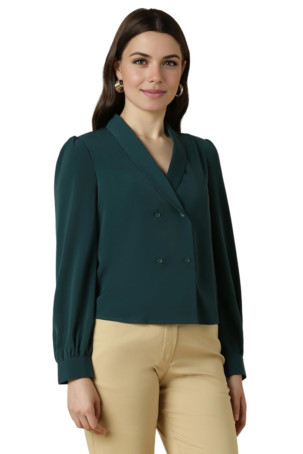 Allen Solly Women's Polyester Dark Green Plain Full Sleeve Blouse