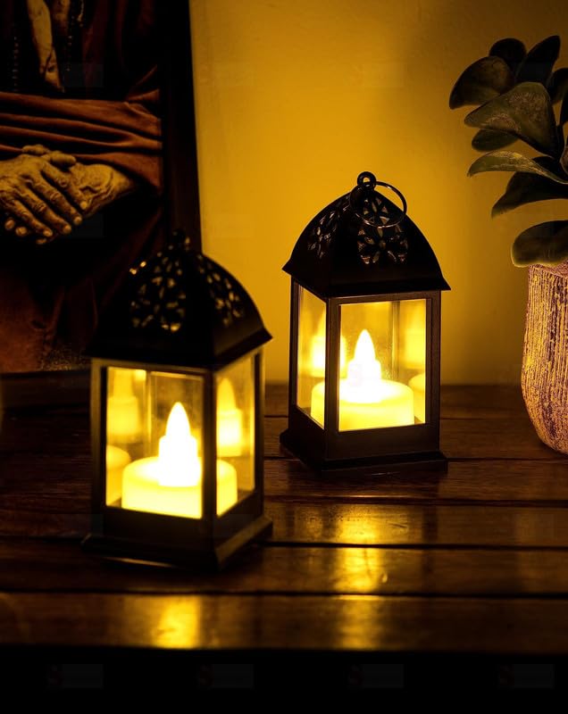 Satyam Kraft 2 Pcs Flameless and Smokeless Acrylic Antique LED Hurricane Lantern Lamp and Wall Hanging for Home, Lobby, Drawing Room, Wall Decor for Diwali Decorations(Yellow)(Pack of 2)