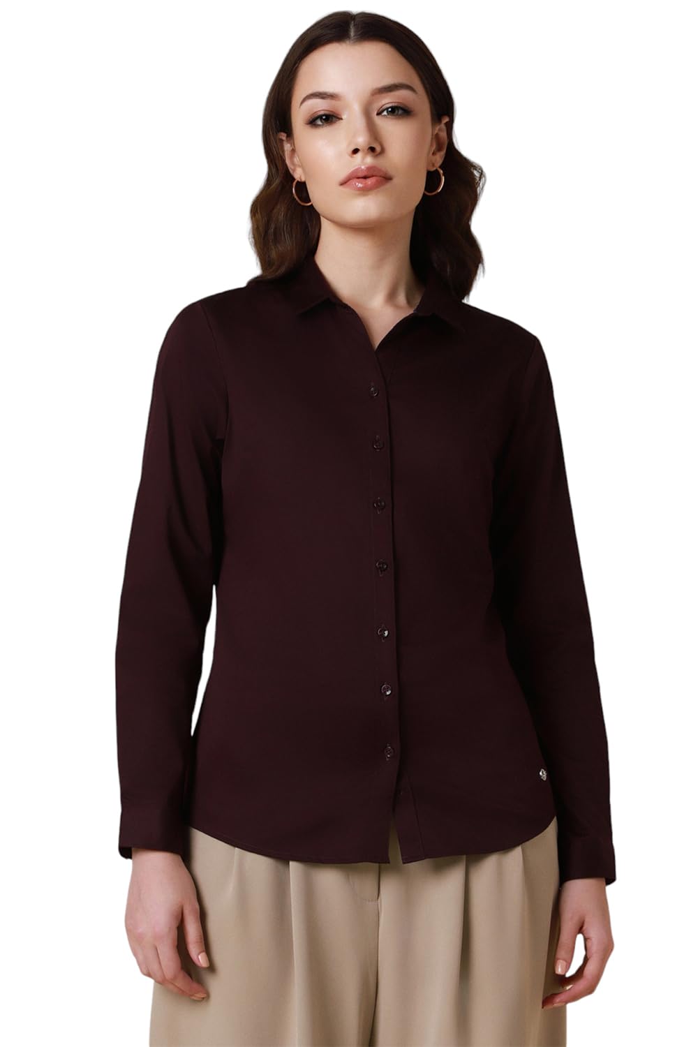 Allen Solly Women's Cotton Maroon Plain Long Sleeve Casual Shirt
