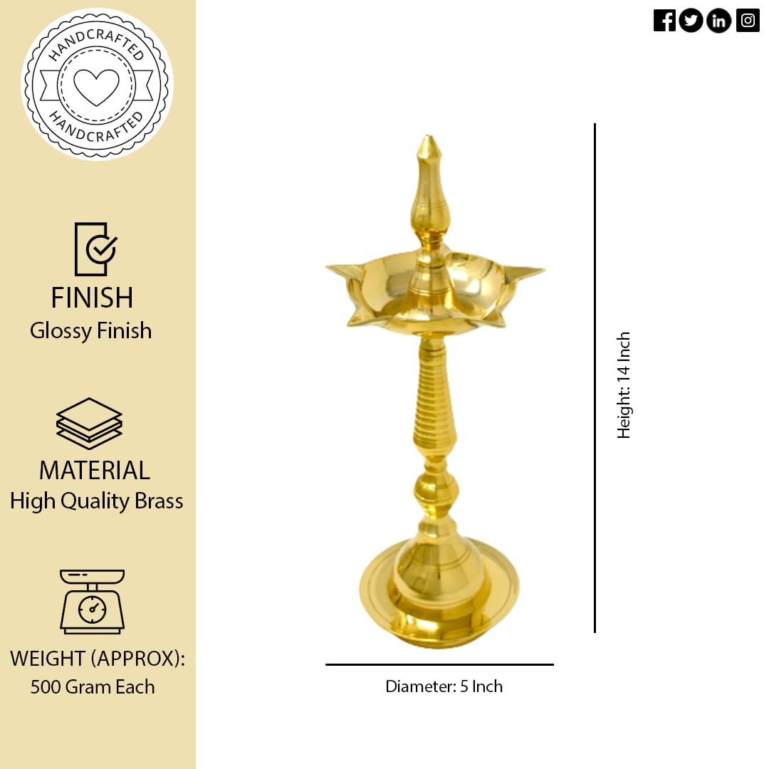 HASHCART® Brass Kerala Diya for Puja (14 inch, Set of 2) - Diya for Pooja - Kutthu Vilakku Samai Diya for Puja Diwali Decorations - Indian Diwali Gifts