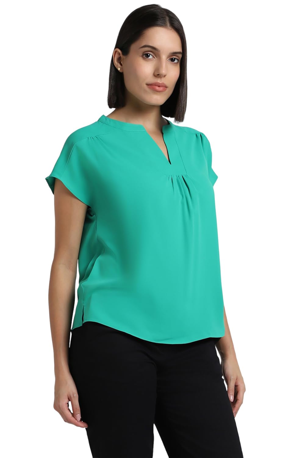 Allen Solly Women's Cotton Green Plain Short Sleeve T-Shirt
