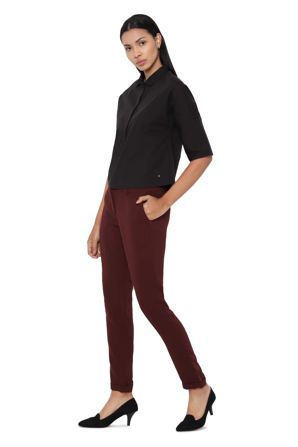 Allen Solly Women's Cotton Black Plain Short Sleeve Casual Shirt