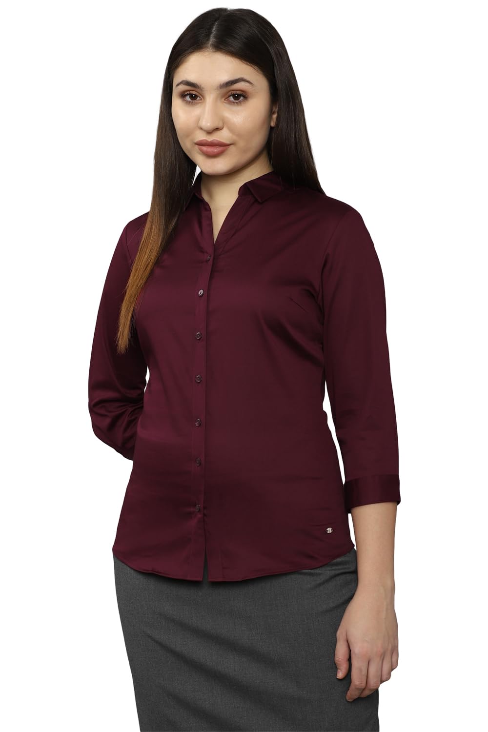 Allen Solly Women's Maroon Plain 3/4 Sleeve Casual Shirt