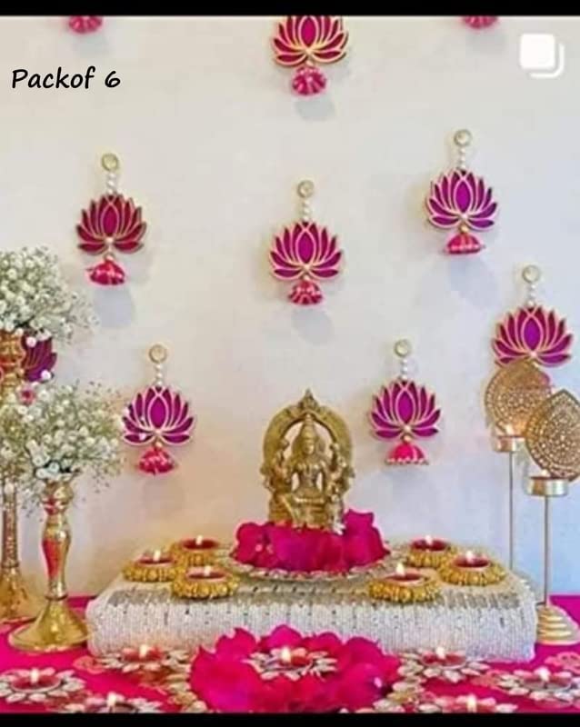 Divyakosh Handmade Wall Decor Lotus with jhumki Style Hanging for Home Decor,Diwali Decor,Wedding and All Festival Decor (6 PCS - Pink/Raani). Export Quality Lotus.Perfect for Temple/Pooja Decor