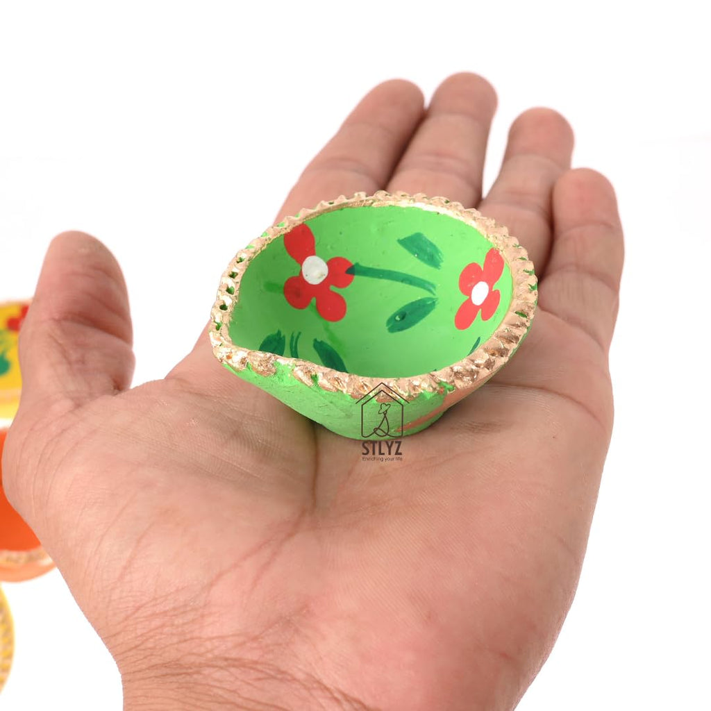 STLYZ Colourful Handmade Diyas for Diwali (21 Pcs) Hand Painted Decorative Clay Mitti Diya Deepak Lanterns for Diwali Decoration