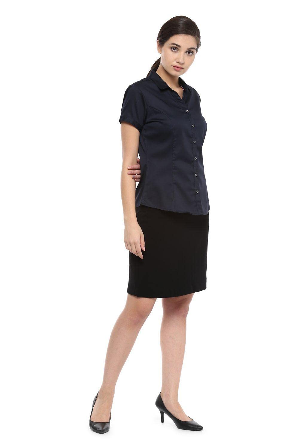 Allen Solly Women's Polyester Navy Plain Half Sleeve Formal Shirt
