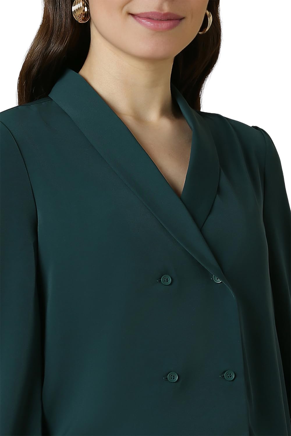Allen Solly Women's Polyester Dark Green Plain Full Sleeve Blouse