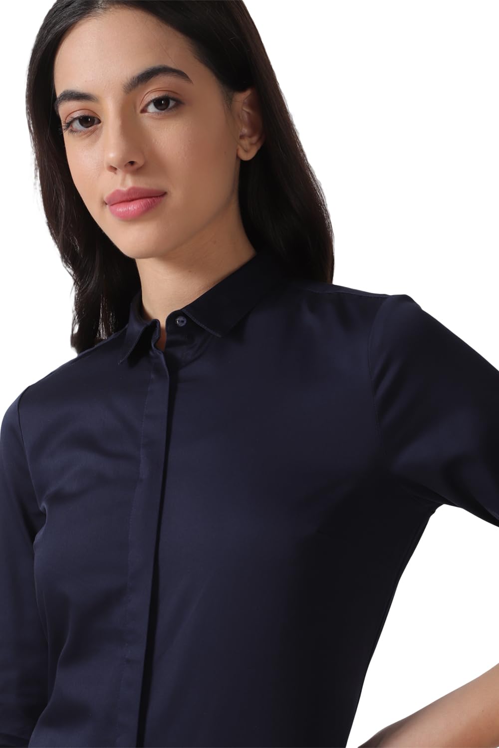 Allen Solly Women's Cotton Dark Blue Plain 3/4 Sleeve Formal Shirt