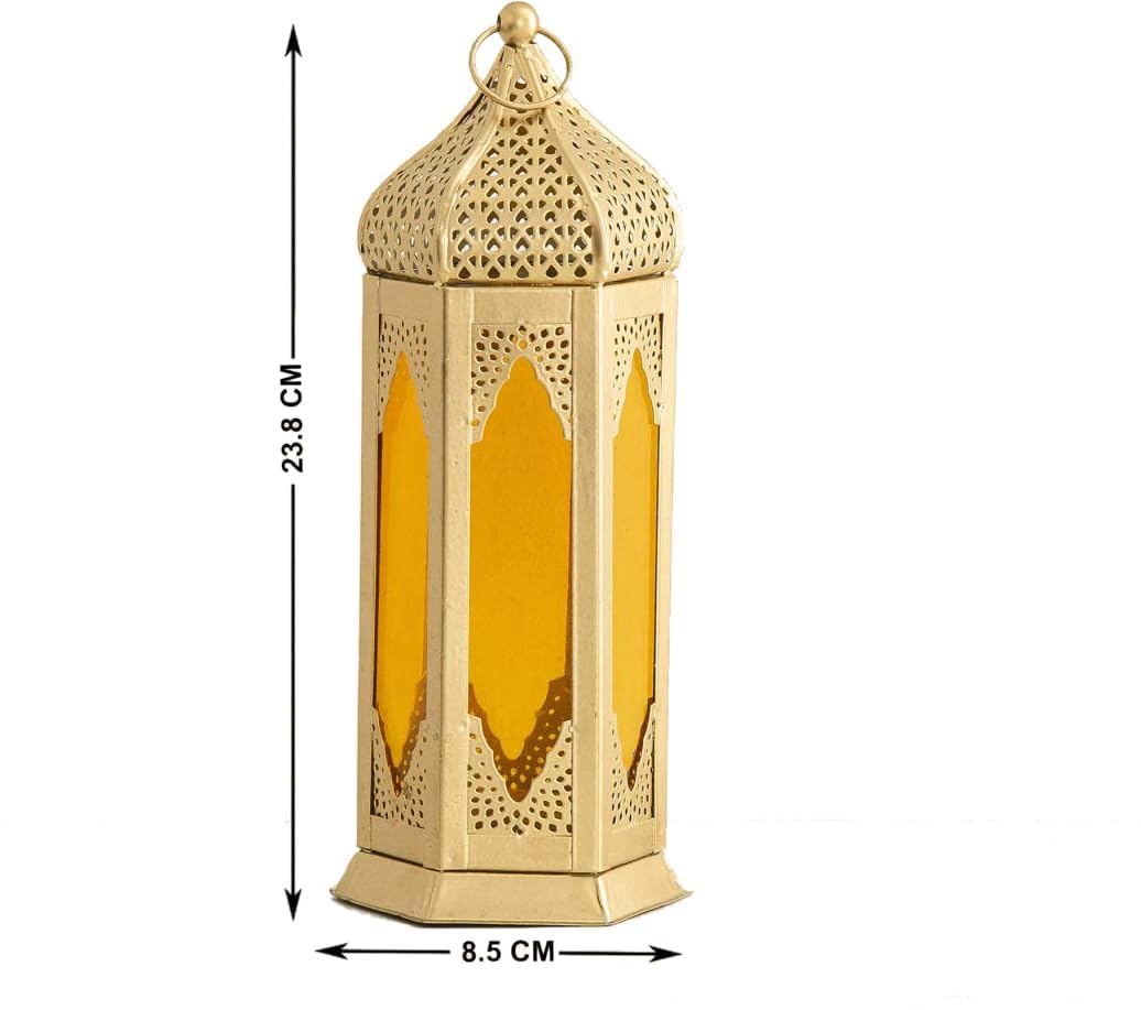 Winscraft Moroccan Style Metal Tealight Lantern with Multi-Colour Glass Panels, Hanging Candle Holder for Home & Garden Decor, Moraccan Lamp for Living Room, Bedroom, Diwali & Gifts (Red & Yellow)