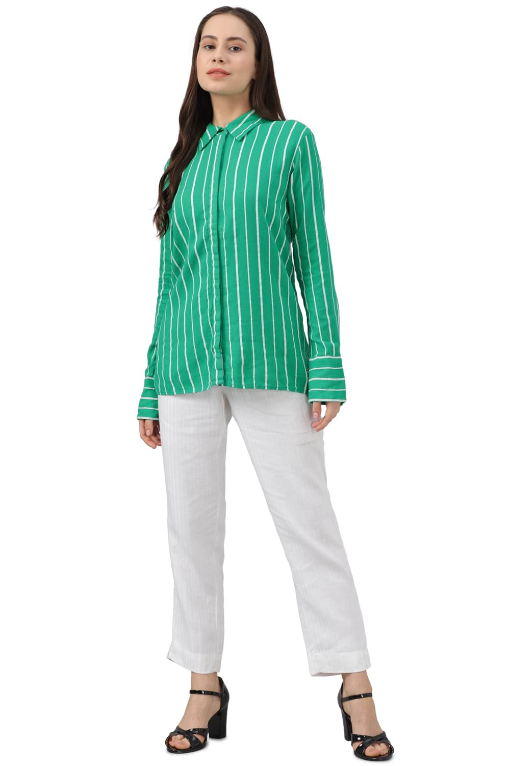 Allen Solly Women's Green Striped Long Sleeve Casual Shirt