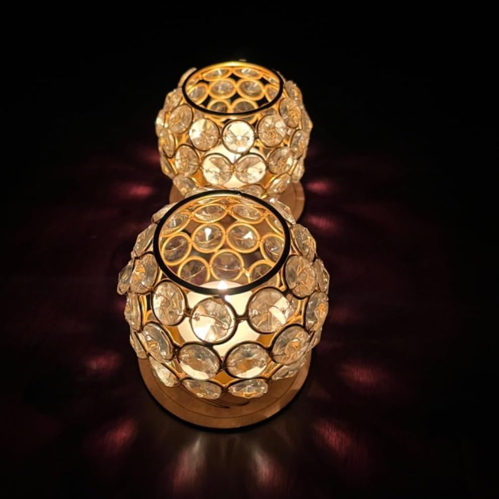 CentraLit Decoartive Tea Light Crsytal Candle Holder - Pooja Diya Decoration Items Home Diwali Brass Puja Item - Diwali Gift Lantern (Pack of 2)