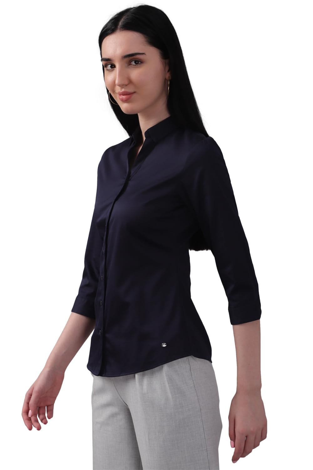 Allen Solly Women's Dark Blue Plain 3/4 Sleeve Casual Shirt