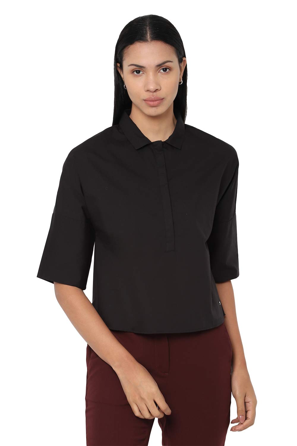 Allen Solly Women's Cotton Black Plain Short Sleeve Casual Shirt