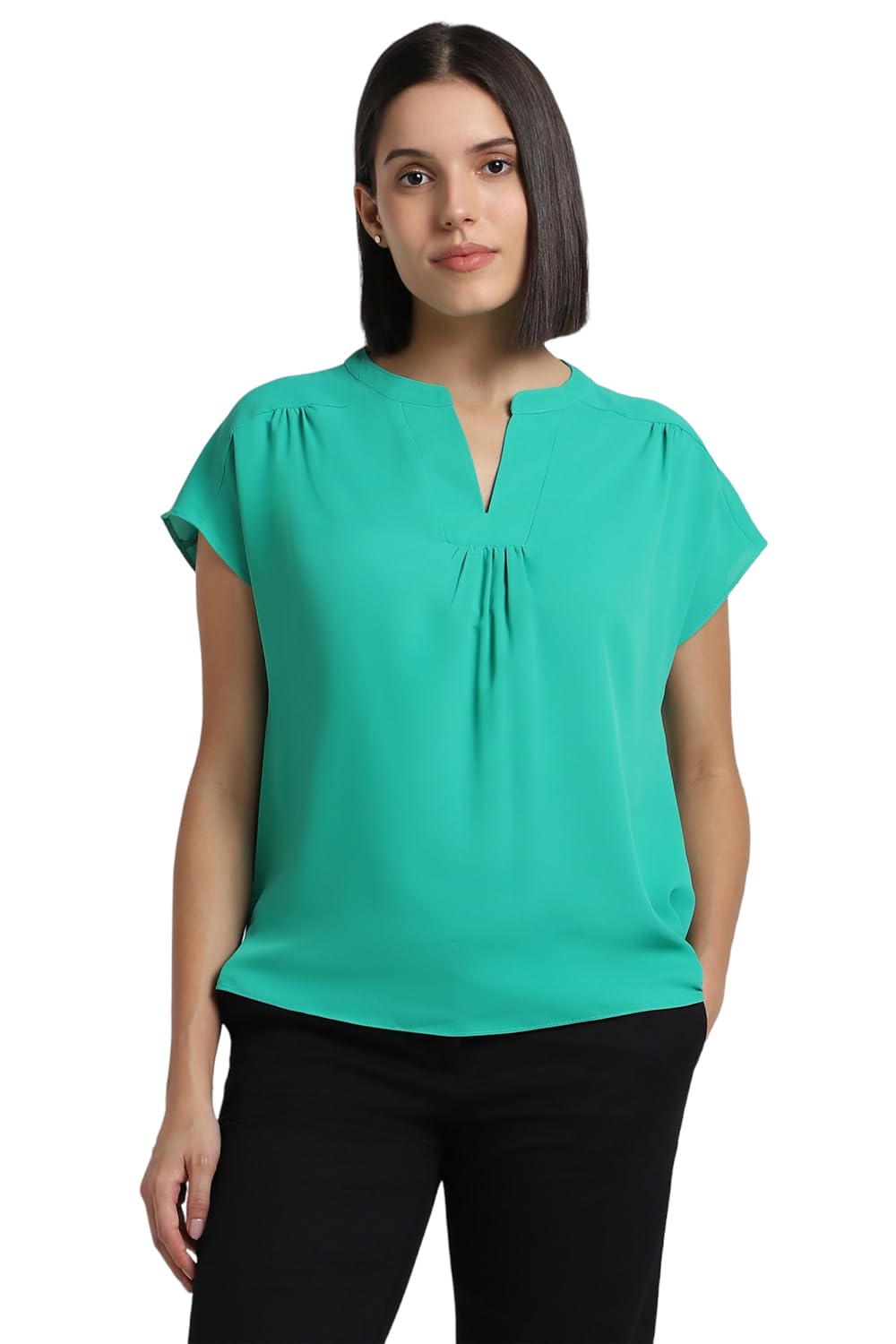 Allen Solly Women's Cotton Green Plain Short Sleeve T-Shirt