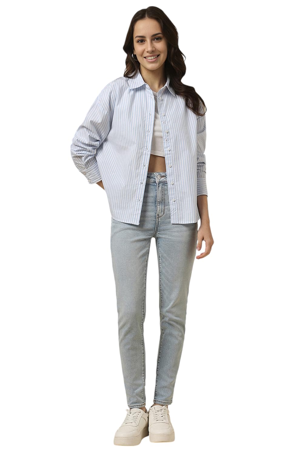 Allen Solly Women's Cotton Light Blue Striped Long Sleeve Casual Shirt