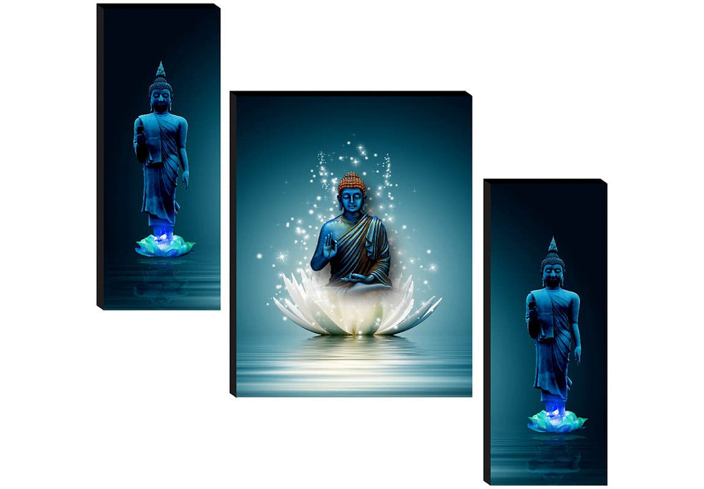 SAF Religious Sitting Buddha on Lotus wall painting for living room with frame, 12 inch X 18 inch, Set of 3, multicolor