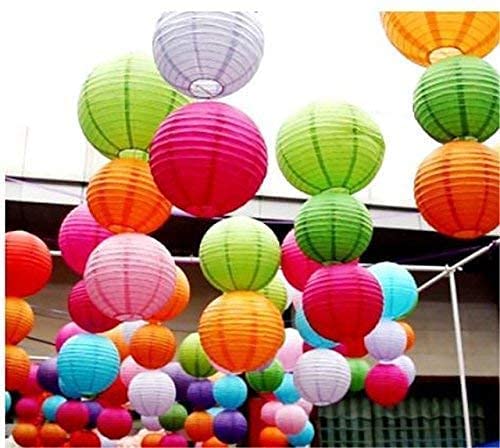 SHUANGYOU Round Hanging Ball Paper Hanging Lantern Paper Lamp for Decoration at Diwali Party Birthday Chrismas New Year Multicolor, Multicolor Paper Hanging Lantern Pack of 10 (24 cm X 24 cm)