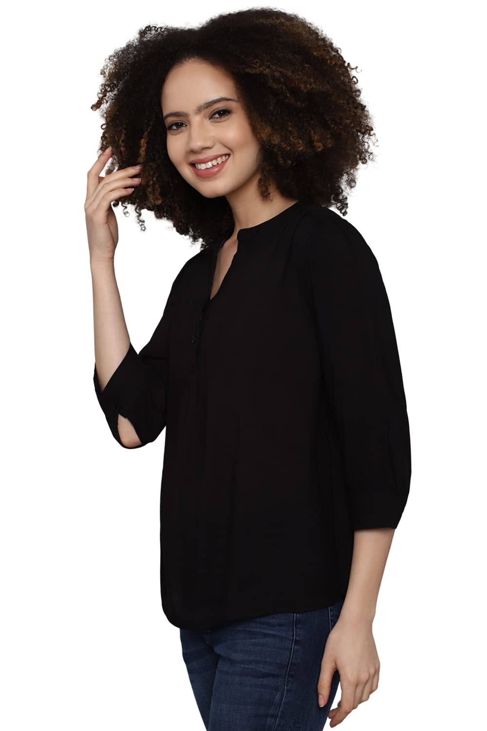 Allen Solly Women's Black1 Plain 3/4 Sleeve Blouse