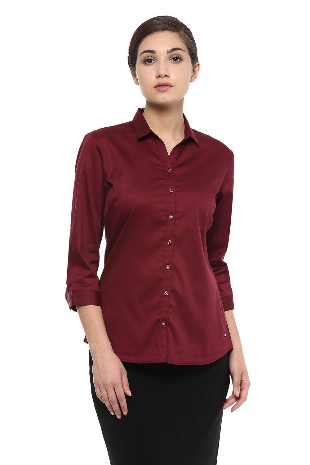 Allen Solly Women's Cotton Maroon Plain Short Sleeve Casual Shirt