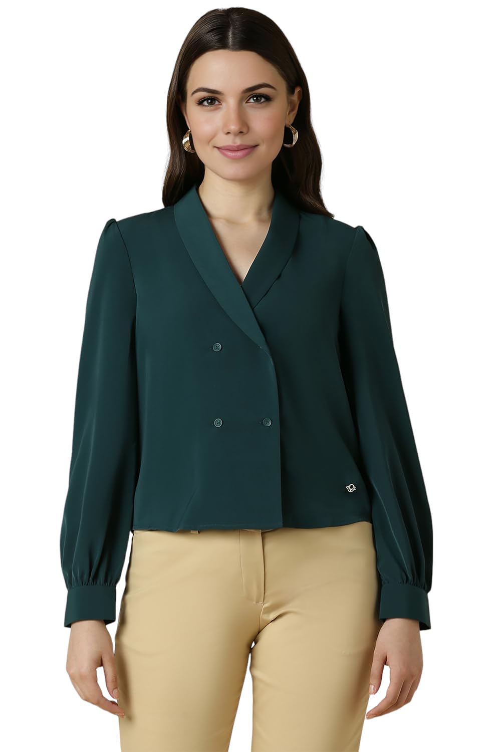 Allen Solly Women's Polyester Dark Green Plain Full Sleeve Blouse