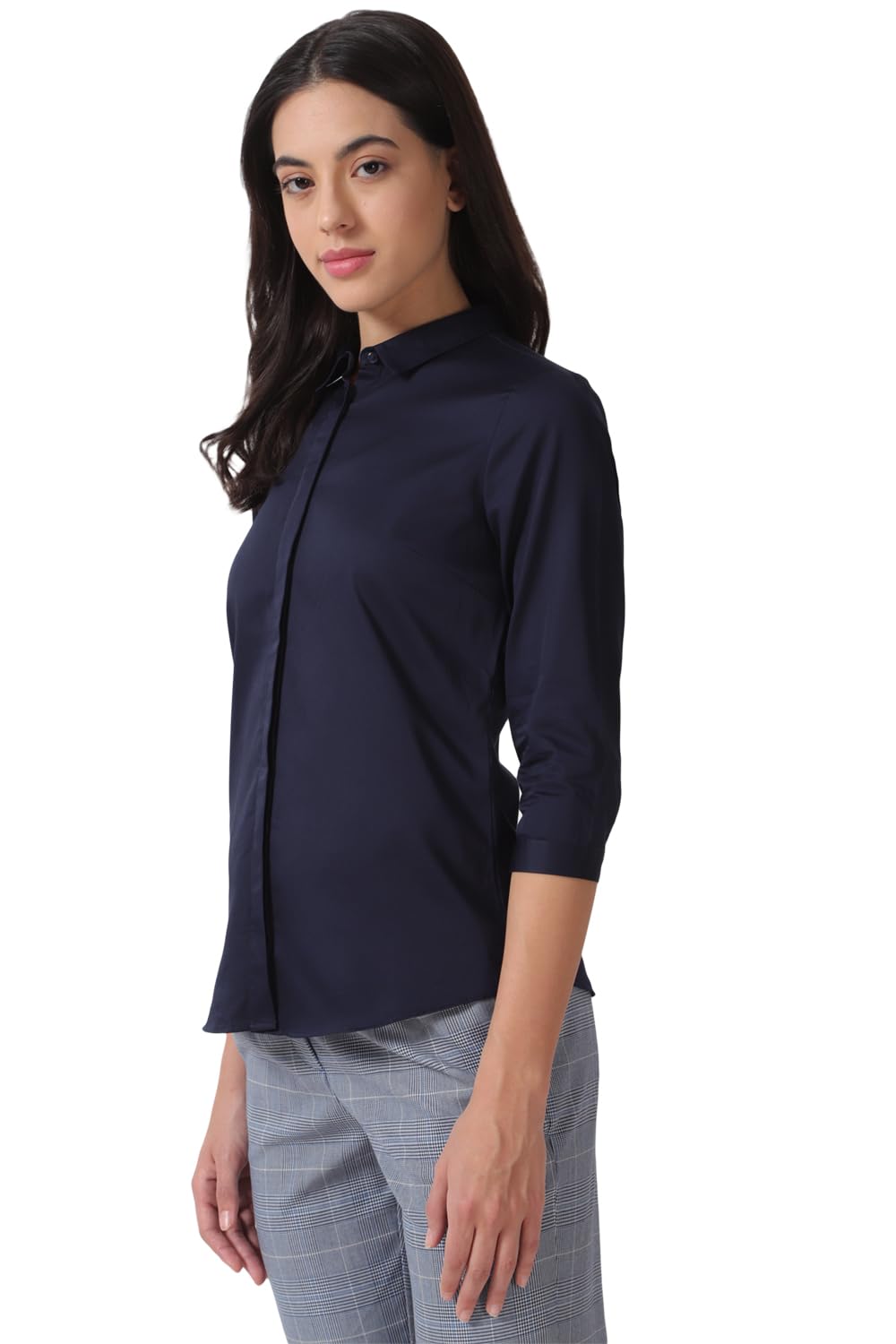 Allen Solly Women's Cotton Dark Blue Plain 3/4 Sleeve Formal Shirt