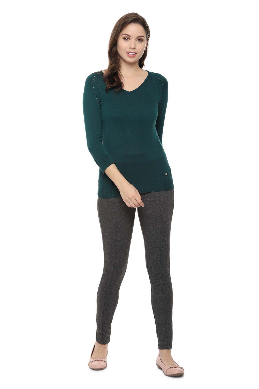 Allen Solly Women's Green Plain 3/4 Sleeve Casual Shirt