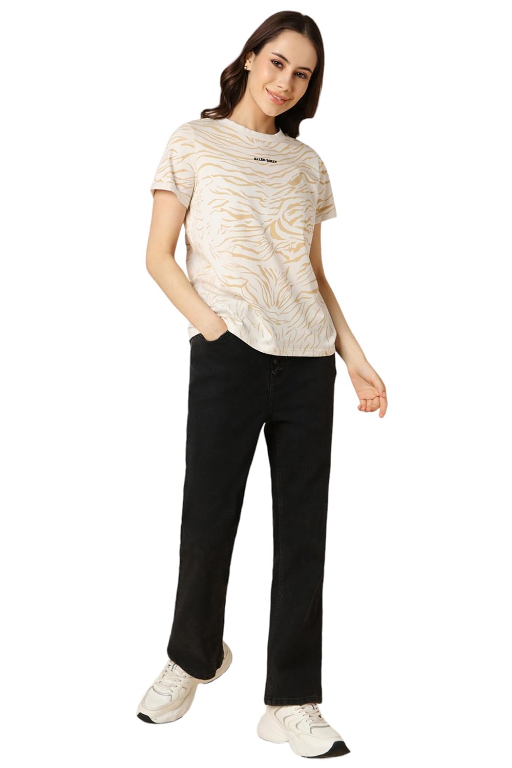 Allen Solly Women's Cream Printed Half Sleeve T-Shirt