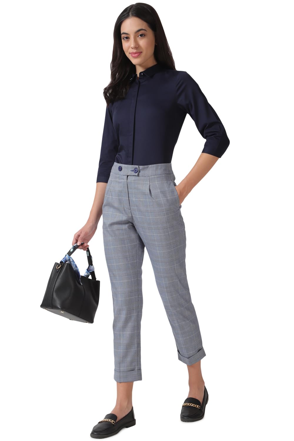 Allen Solly Women's Cotton Dark Blue Plain 3/4 Sleeve Formal Shirt