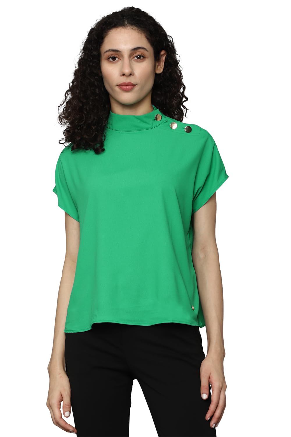 Allen Solly Women's Polyester Green Plain Short Sleeve Casual Shirt