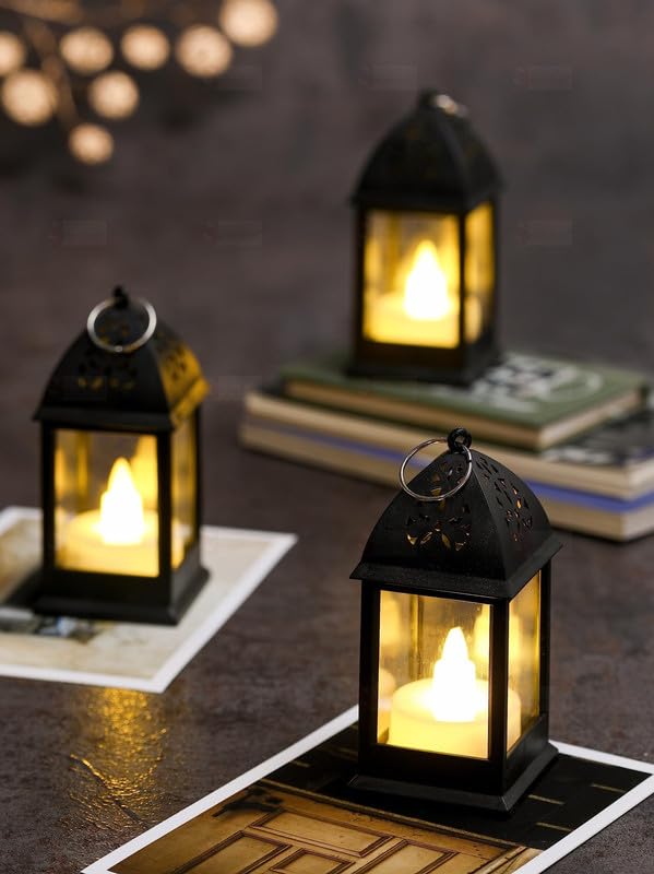 Satyam Kraft 2 Pcs Flameless and Smokeless Acrylic Antique LED Hurricane Lantern Lamp and Wall Hanging for Home, Lobby, Drawing Room, Wall Decor for Diwali Decorations(Yellow)(Pack of 2)