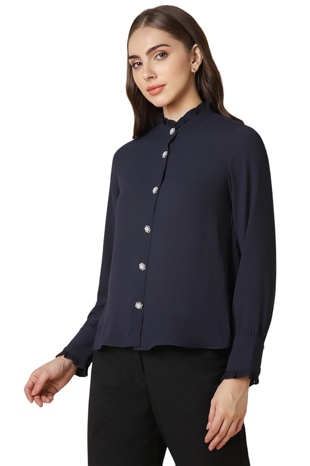 Allen Solly Women's Navy Plain Full Sleeve Formal Shirt