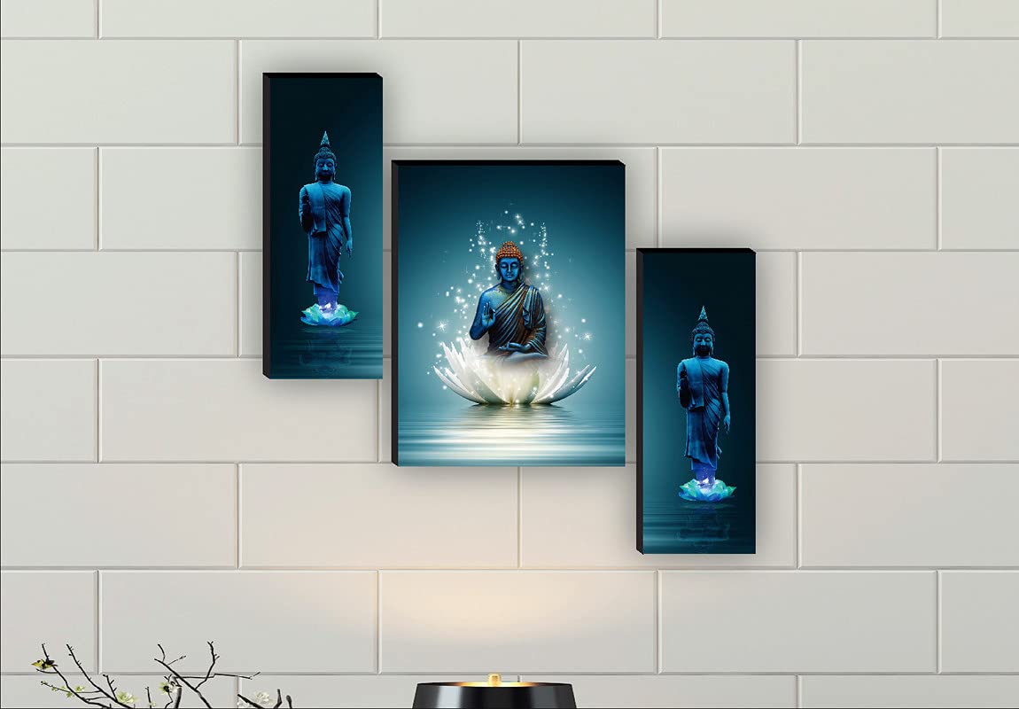 SAF Religious Sitting Buddha on Lotus wall painting for living room with frame, 12 inch X 18 inch, Set of 3, multicolor