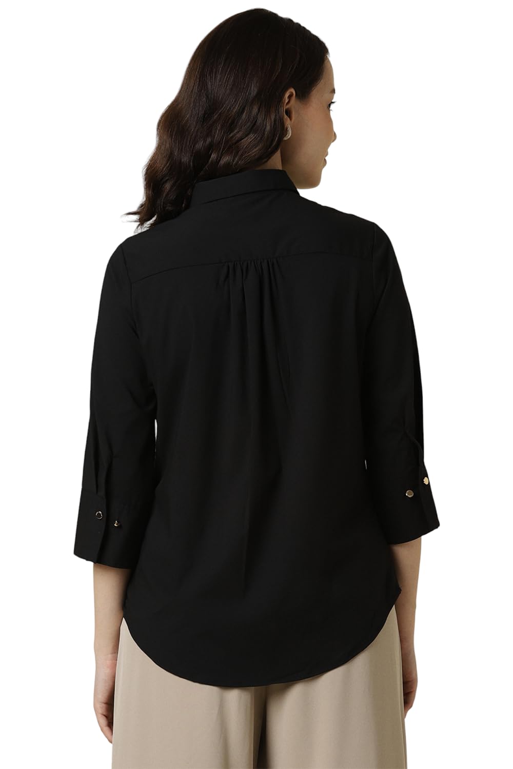 Allen Solly Women's Black Plain 3/4 Sleeve Casual Shirt