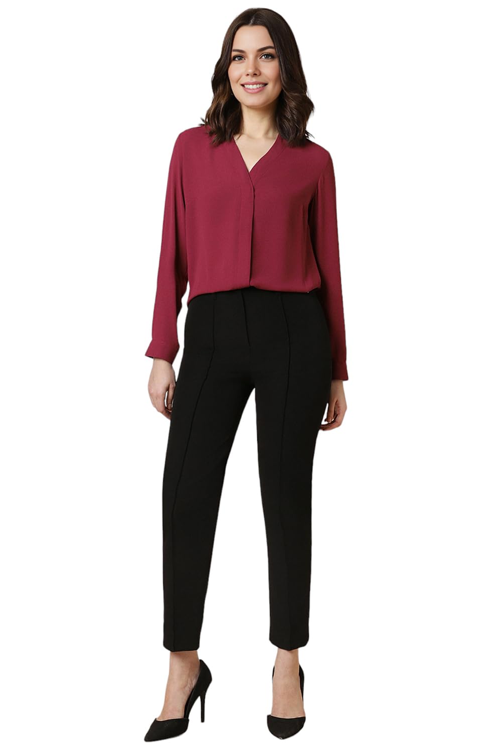Allen Solly Women's Polyester Red Plain Long Sleeve Casual Shirt
