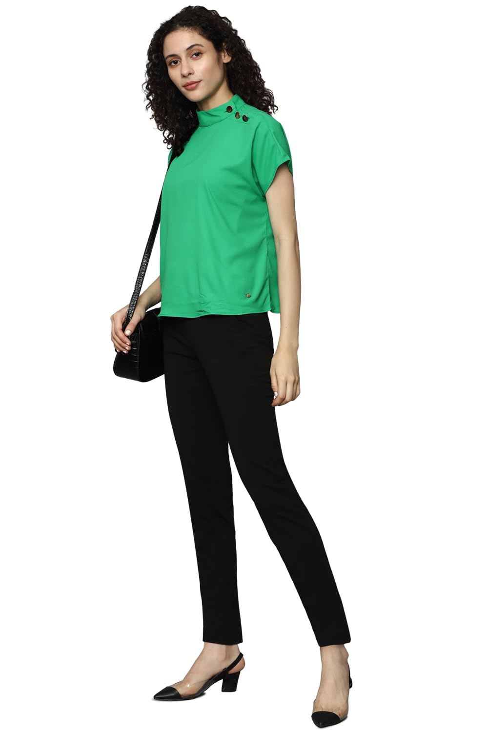Allen Solly Women's Polyester Green Plain Short Sleeve Casual Shirt