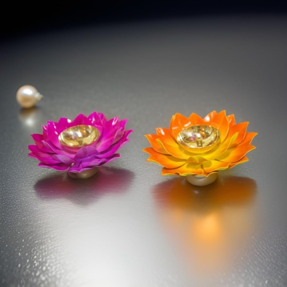 EIN SOF Brass Diyas for Puja – Lotus Lamps for Home & Diwali Decoration, Akhand Jyoti Stand with Gift Cover, 5 inches Kamal Design Pooja Oil & Camphor Diya, Blue Orange Pink & Yellow, Pack of 4