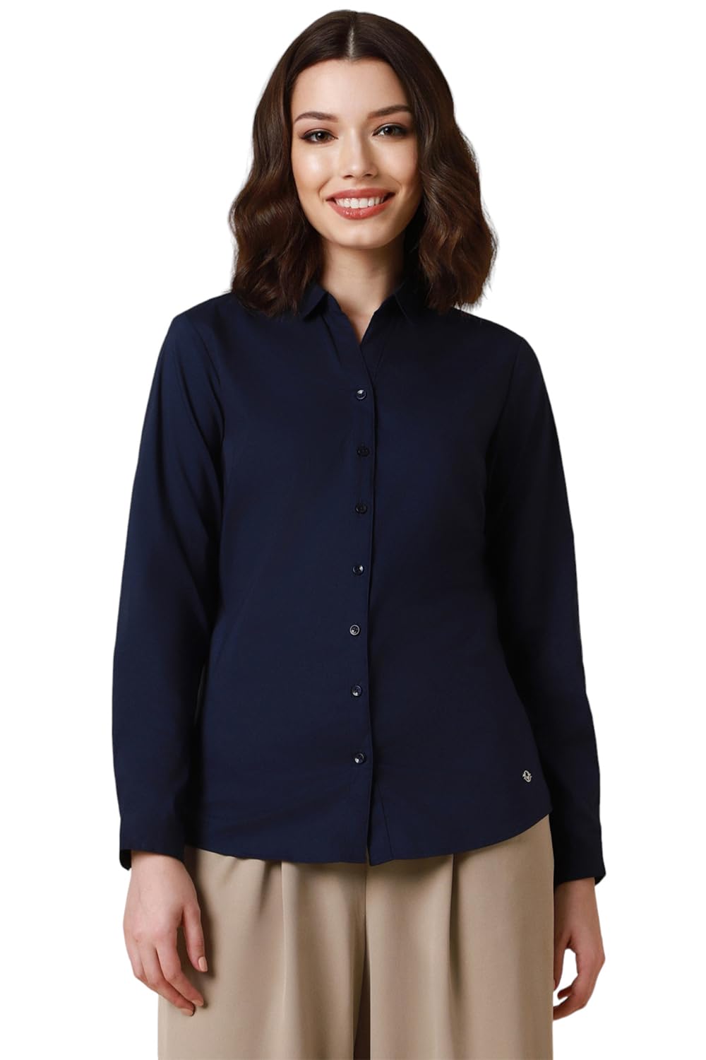 Allen Solly Women's Navy Plain Full Sleeve Casual Shirt