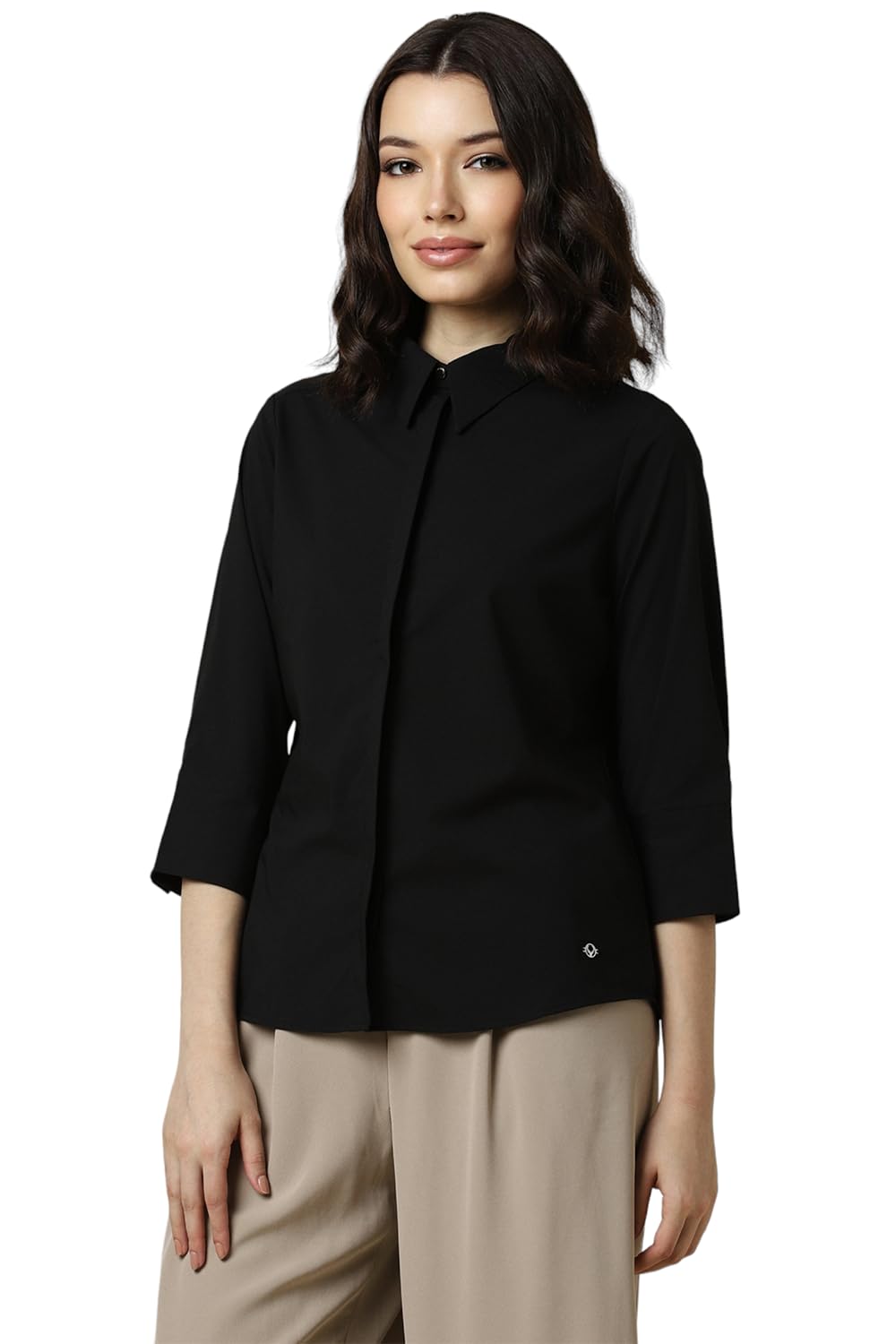 Allen Solly Women's Black Plain 3/4 Sleeve Casual Shirt