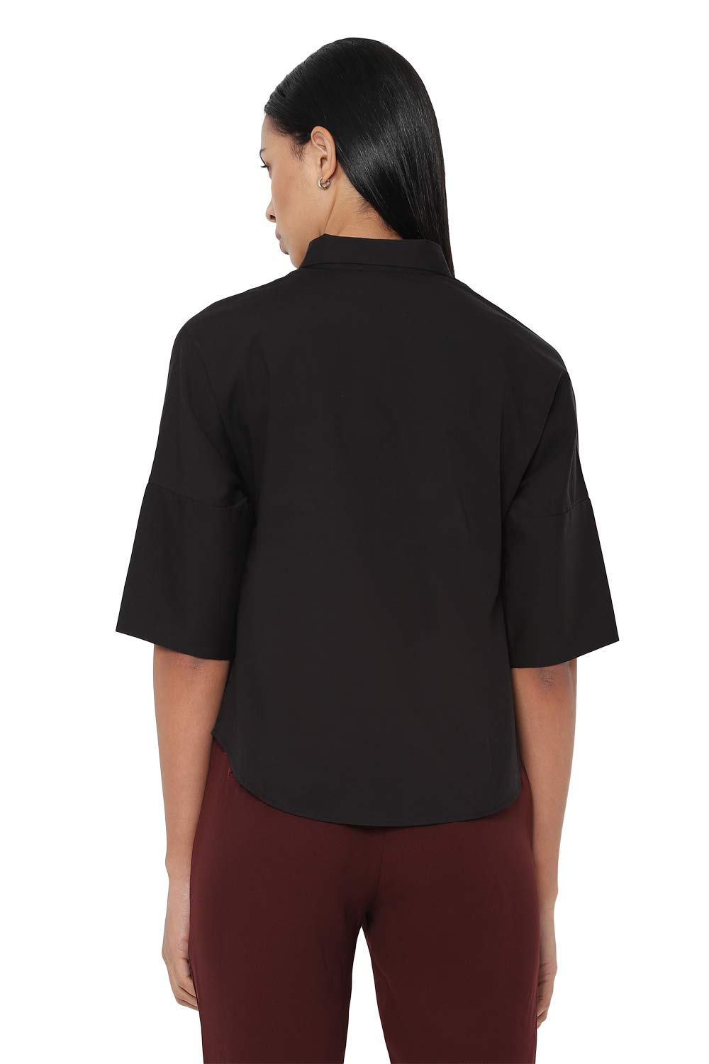 Allen Solly Women's Cotton Black Plain Short Sleeve Casual Shirt