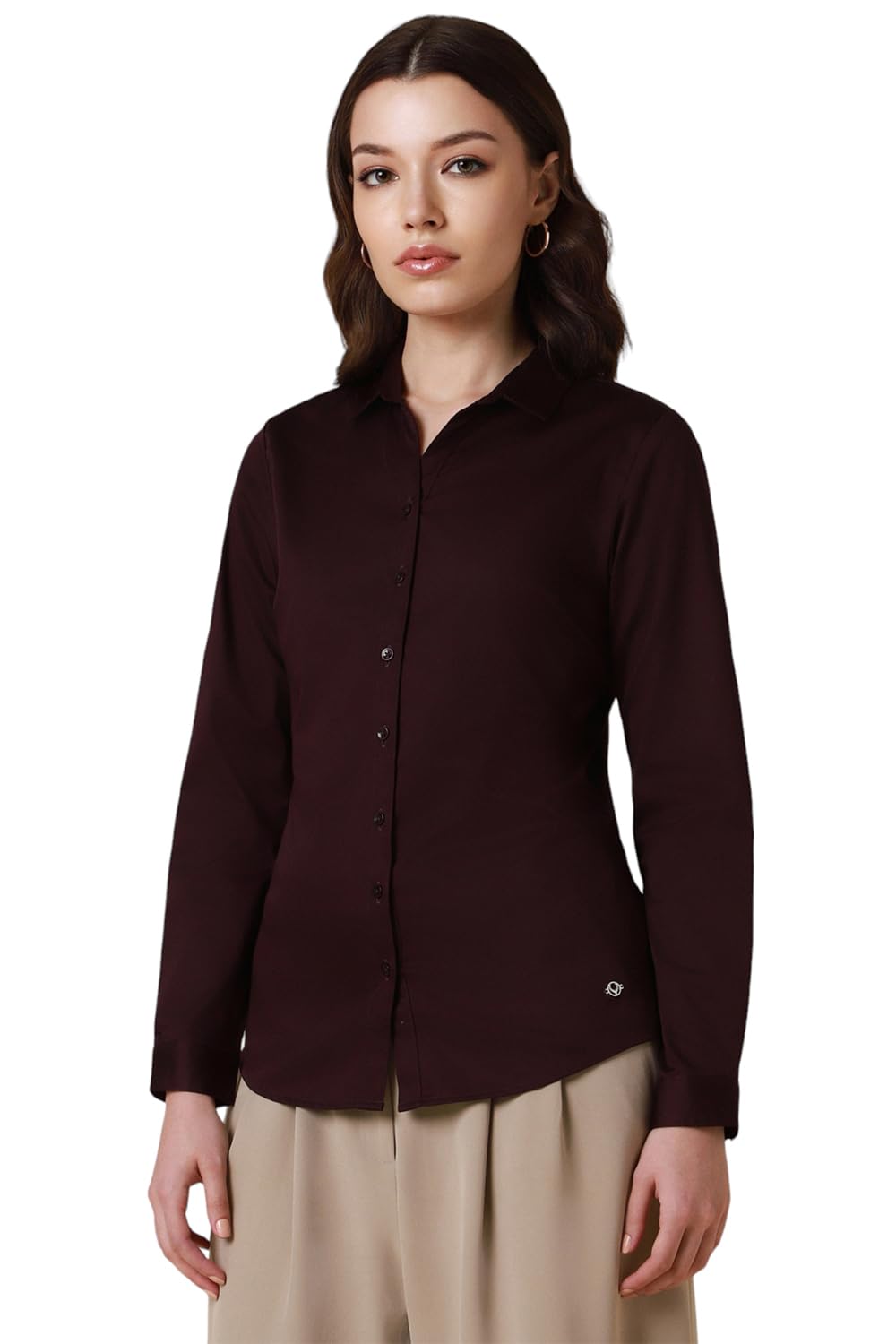 Allen Solly Women's Cotton Maroon Plain Long Sleeve Casual Shirt