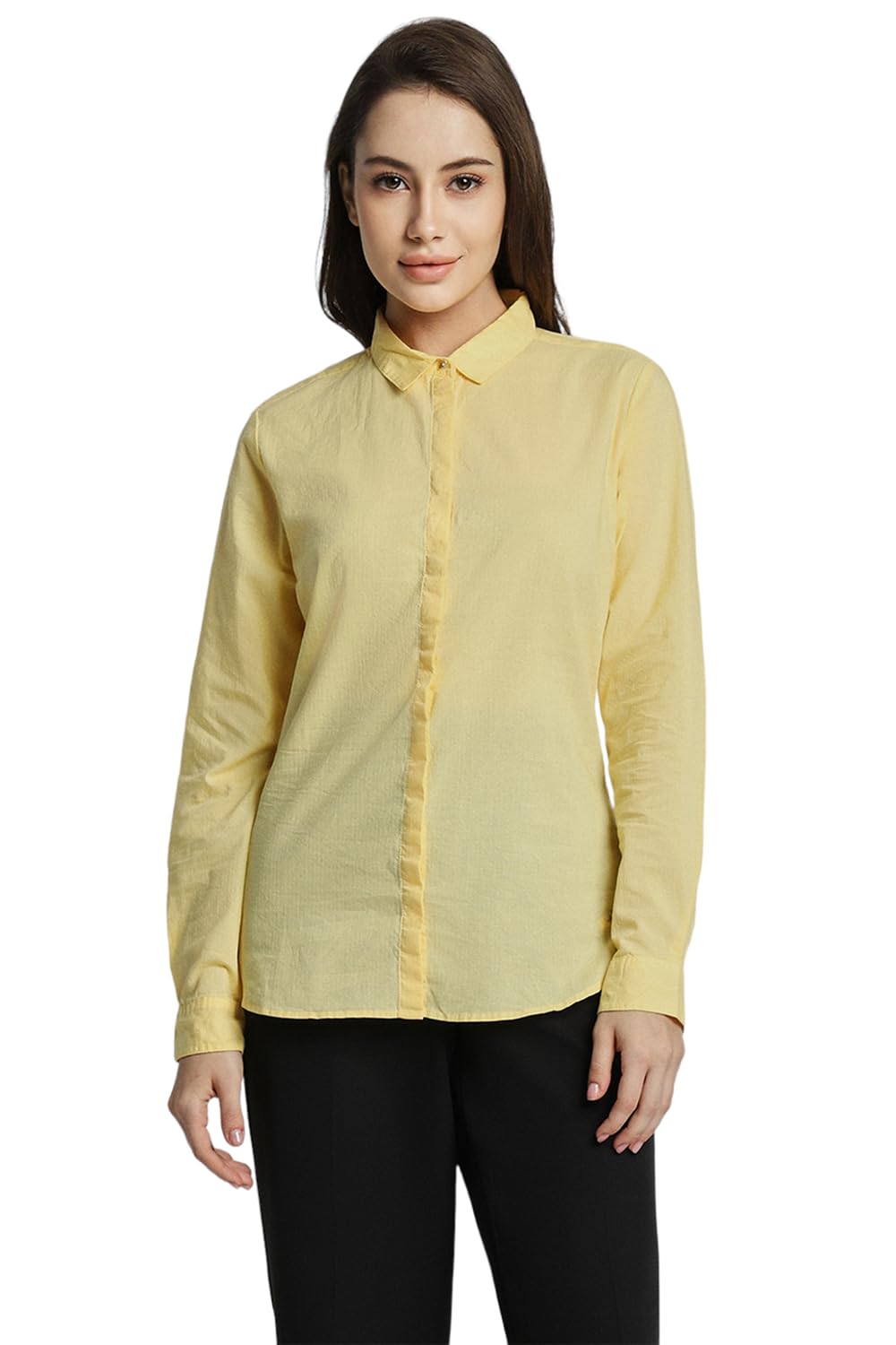 Allen Solly Women's Cotton Yellow Plain Long Sleeve Casual Shirt