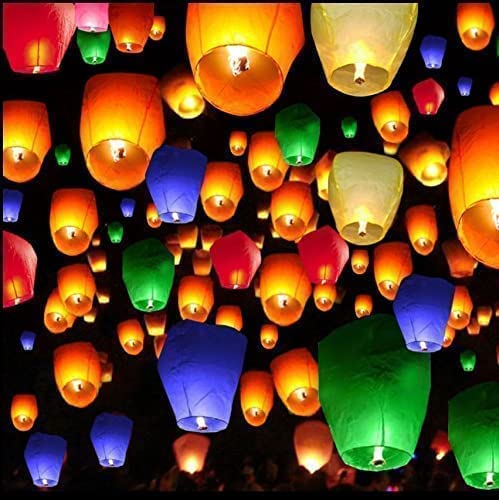 Wishing Hot Air Balloon | Colorful Paper Sky Lanetrns | Flying Night Sky Lanterns | Candle for Diwali/Christmas/Marriage/Birthday/All Festivals - Multicolor (Pack of 10)