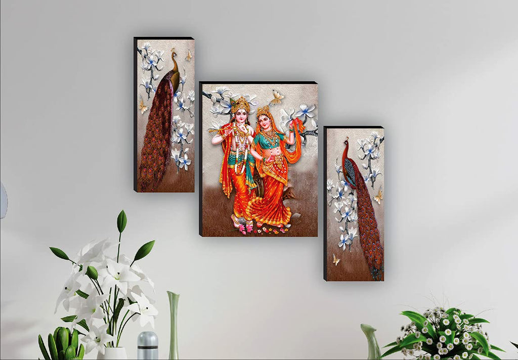 SAF paintings Radha Krishna with Couple Peacock Self Adhesive UV Textured Painting (18 Inch X 12 Inch, SANFJM31075, Multicolor, Set of 3)