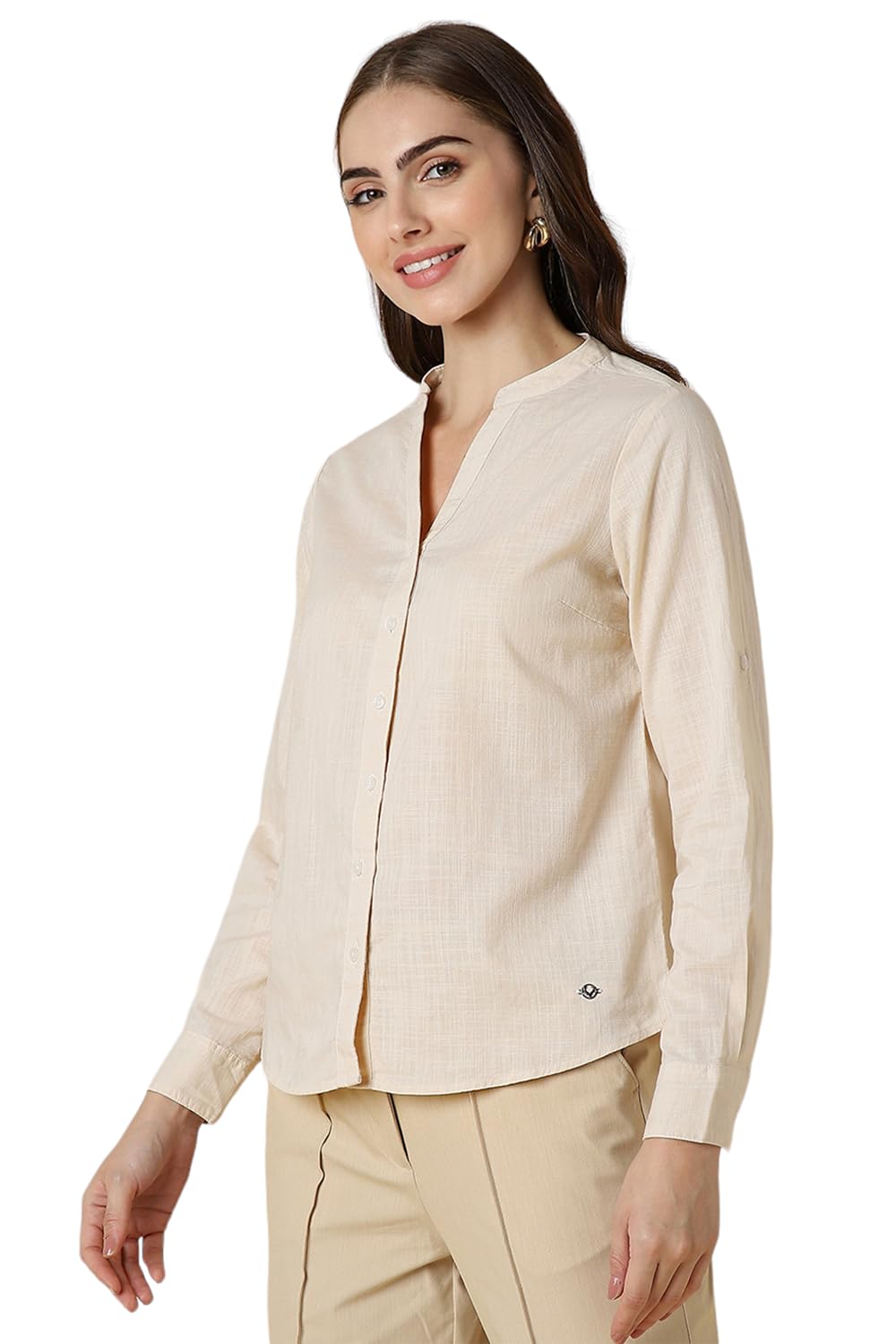 Allen Solly Women's Cotton Beige Plain Full Sleeve Casual Shirt