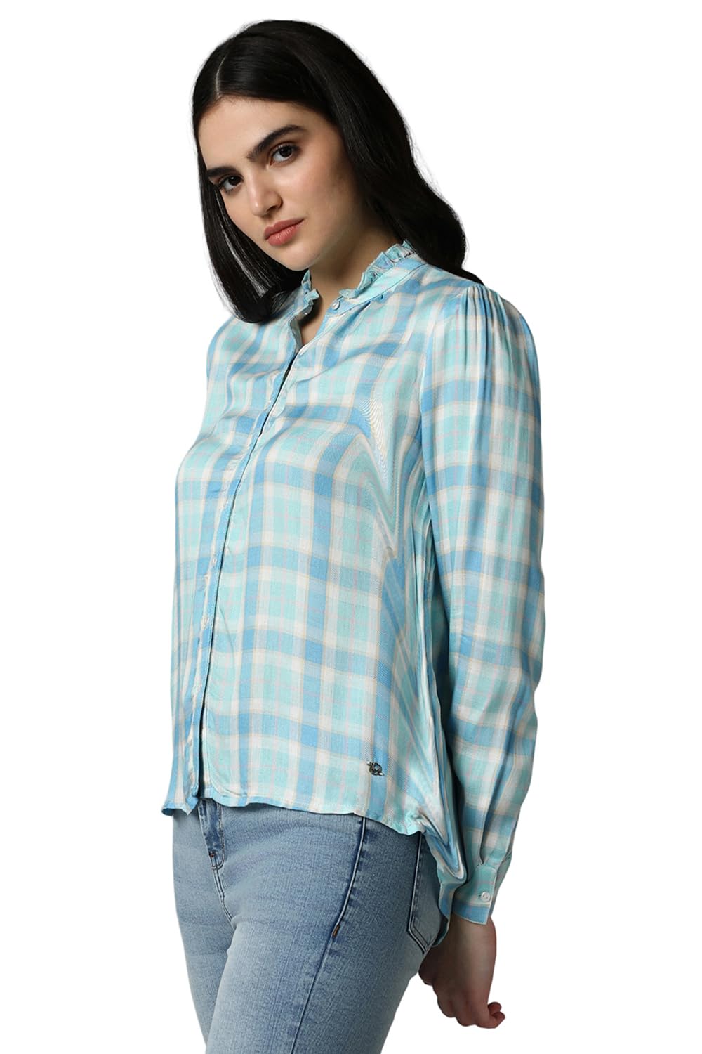 Allen Solly Women's Blue Checkered Full Sleeve Casual Shirt