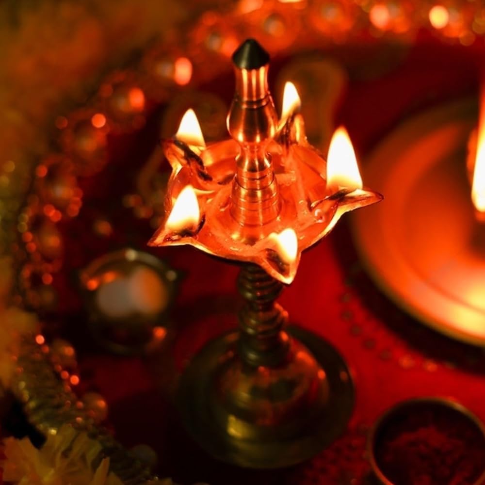 HASHCART® Brass Kerala Diya for Puja (14 inch, Set of 2) - Diya for Pooja - Kutthu Vilakku Samai Diya for Puja Diwali Decorations - Indian Diwali Gifts