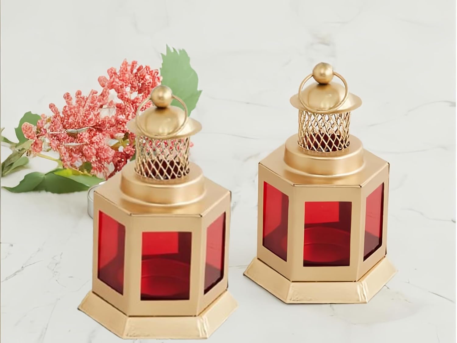 Auradecor Moroccan Lantern, Tealight Candle Holder with Tealight Candle for Home Decor Home Decor and Gift, Diwali, Festival, Indoor & Outdoor Use (Red, Pack of 2)