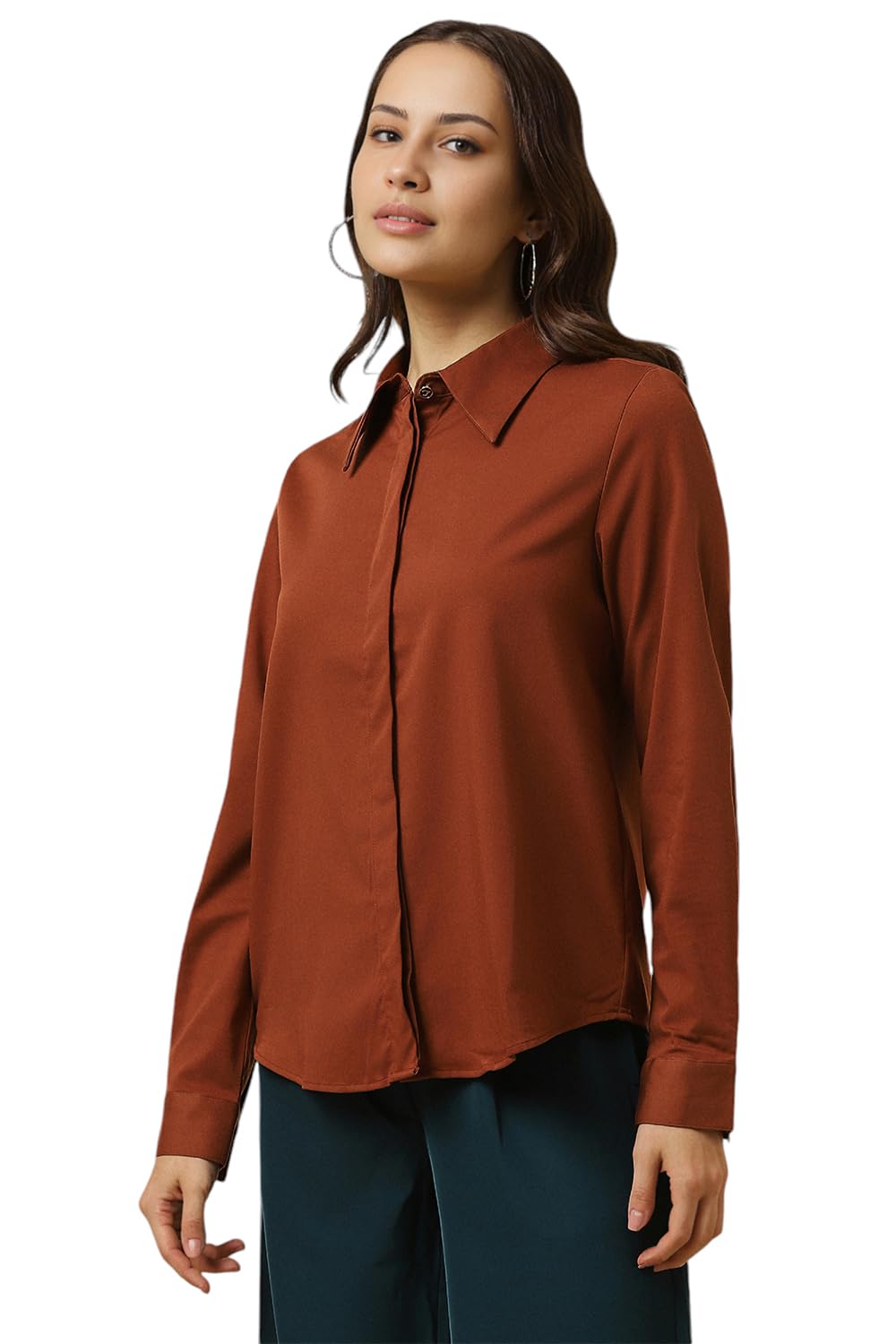 Allen Solly Women's Brown Plain Long Sleeve Formal Shirt